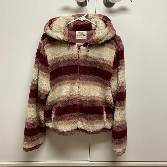 The Buckle’s Ashley Fuzzy Sherpa Hooded Jacket Mauve Stripe Size XL - Picture 3 of 14